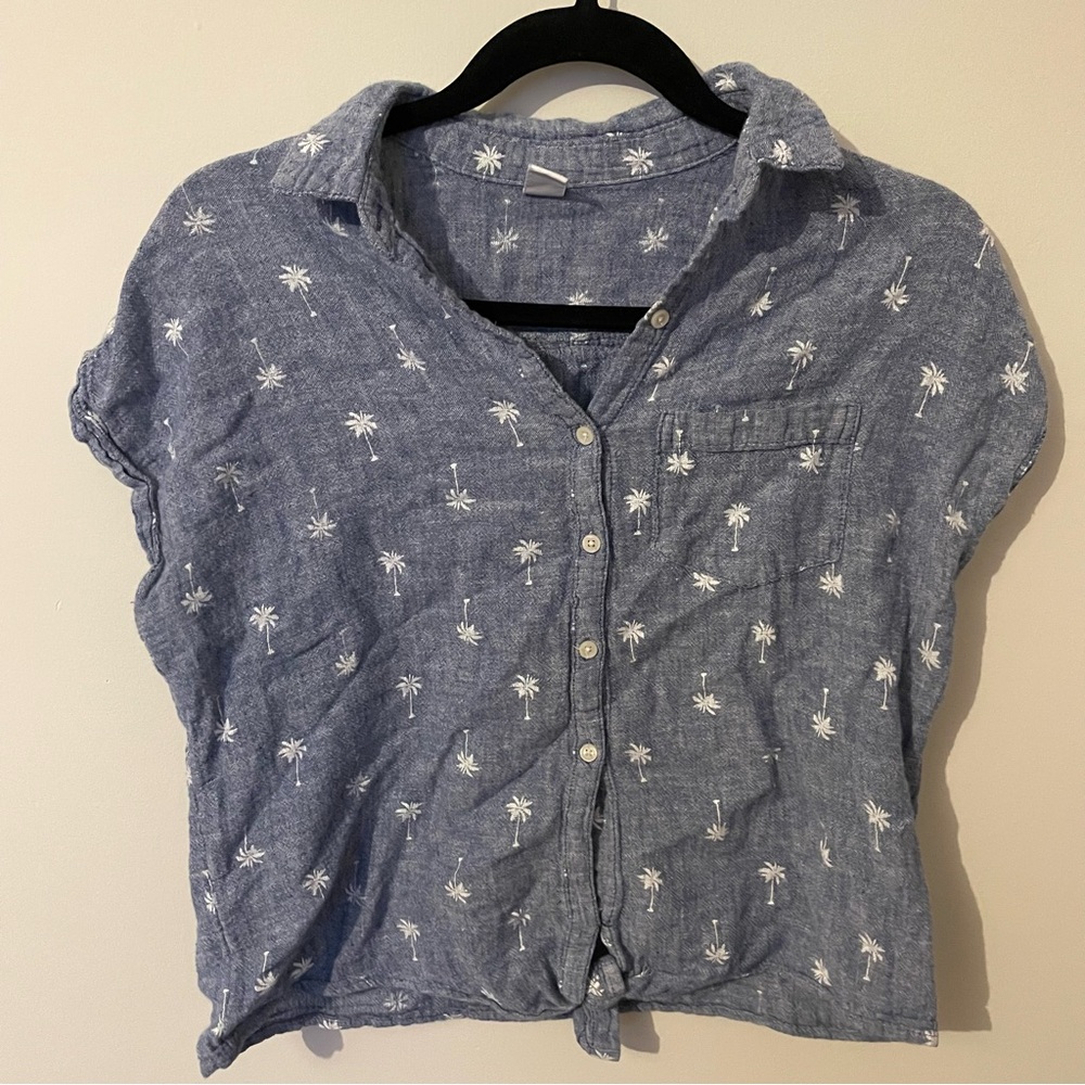 Blue Button-Up Shirt with Palm Tree Print